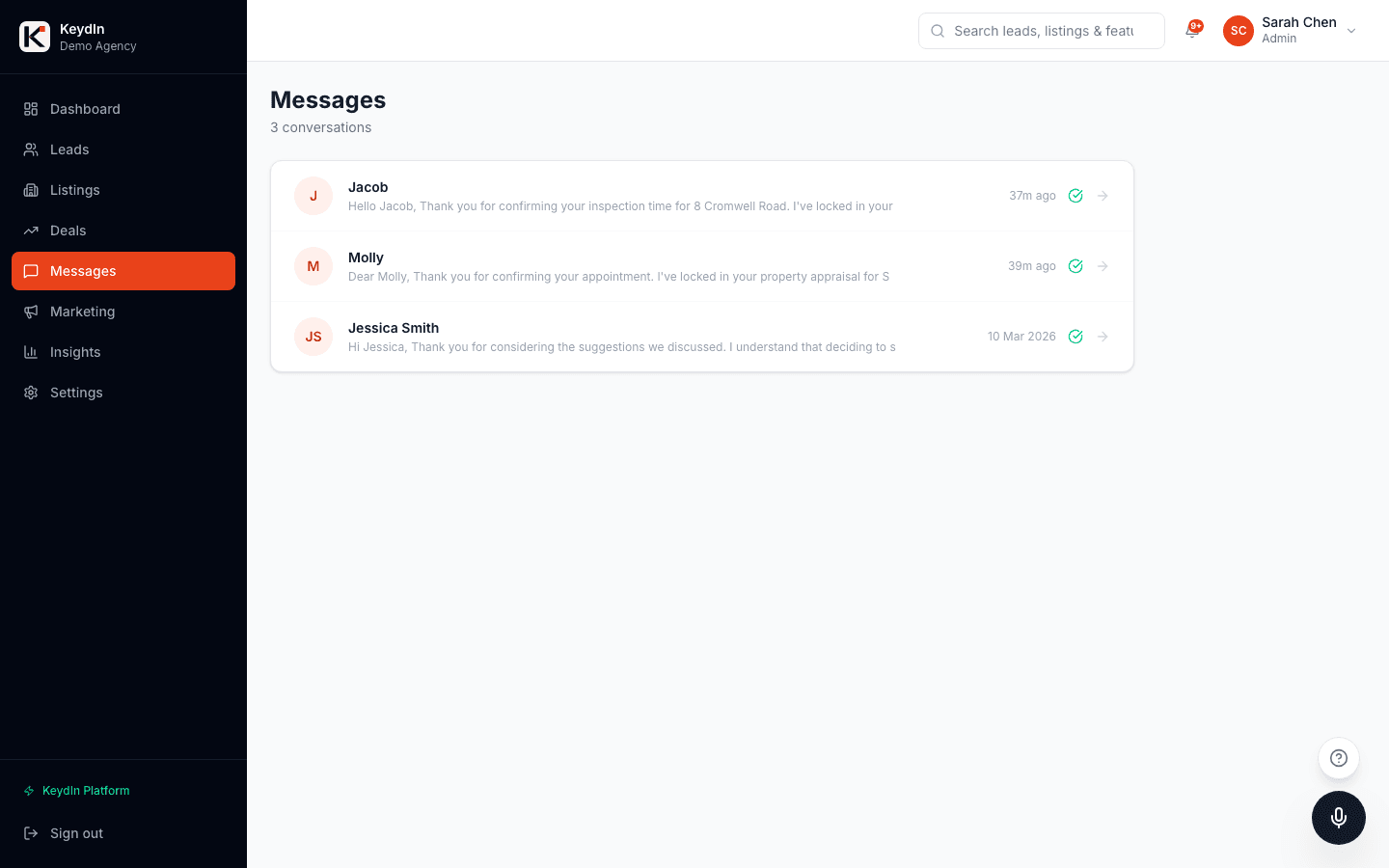 KeydIn AI conversation and follow-up automation dashboard
