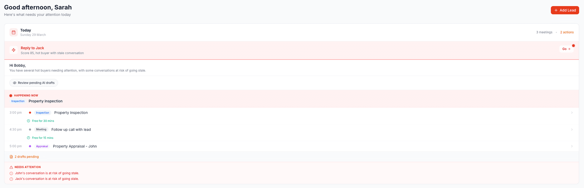 KeydIn real estate automation dashboard showing daily pipeline